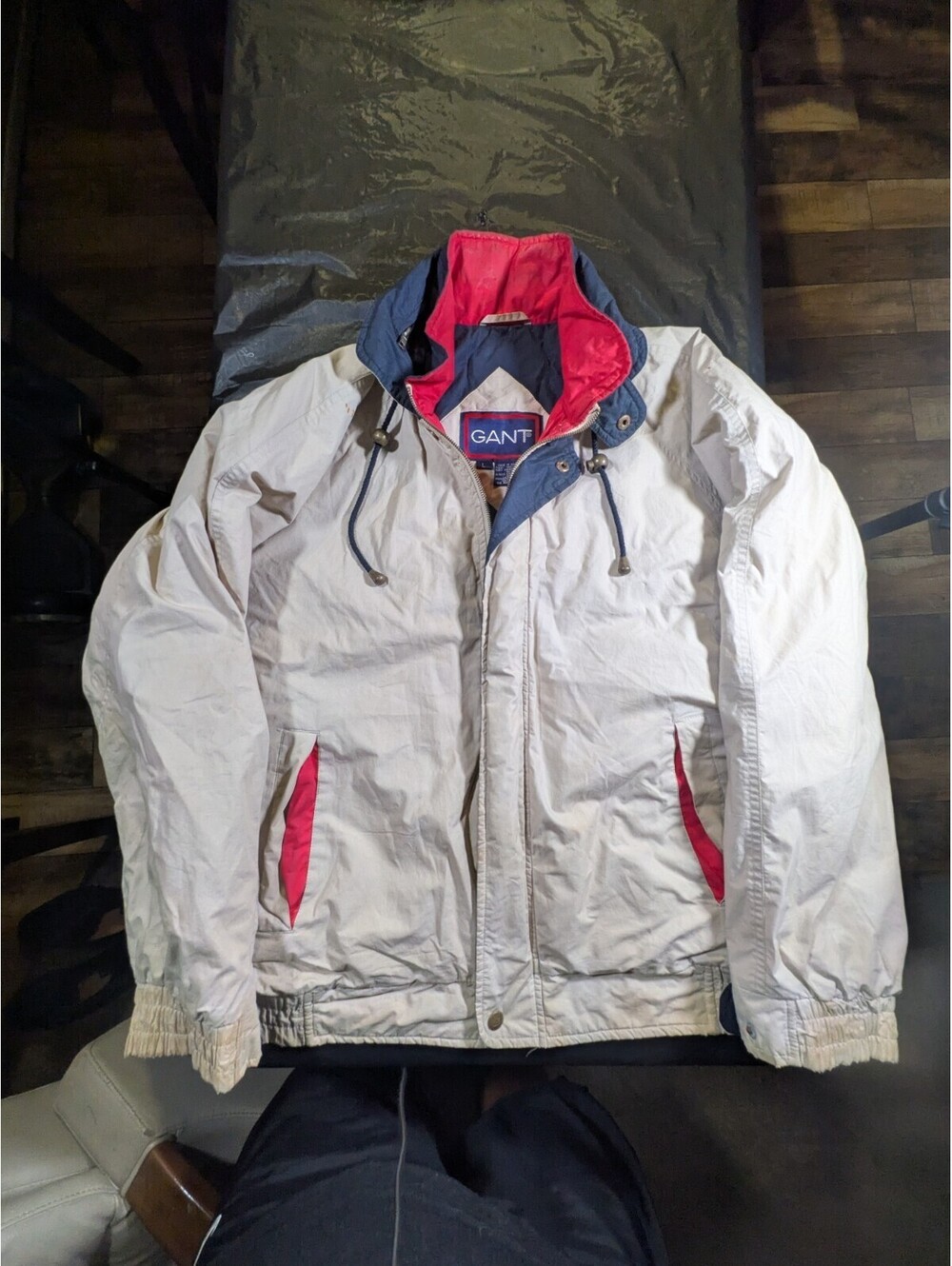 90s GANT Off White Navy Blue Red Full Zip & Button Windbreaker Sports Jacket L